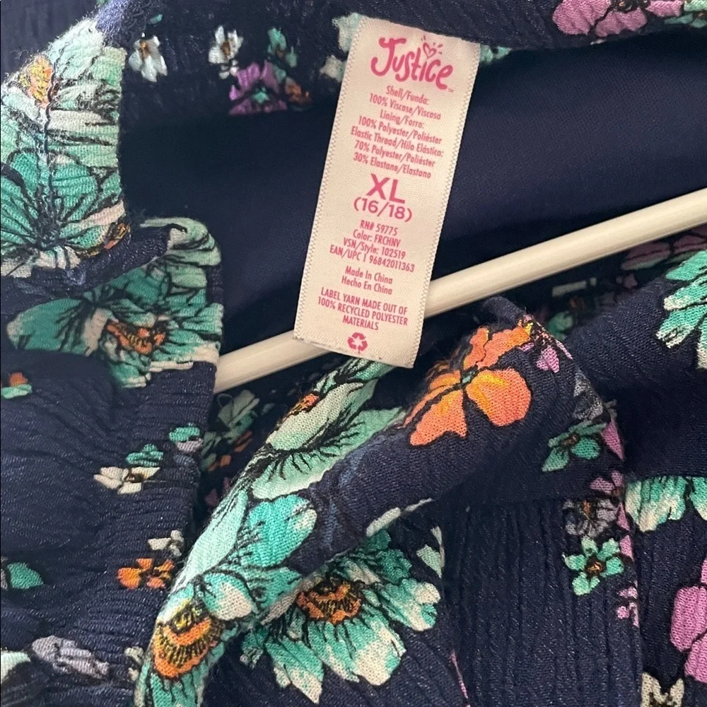 Justice Navy Floral Puff-Sleeve Dress with Aqua & Purple Flowers